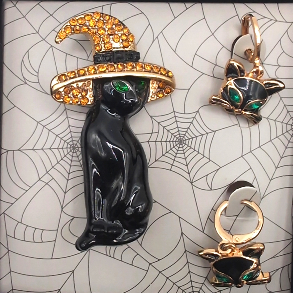 NWOT Statement Halloween Jewelry Black Cat Brooch with Black Cat Earrings